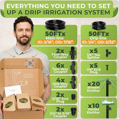 Quick Connect Drip Irrigation System Kit with Sprinkler, 100 feet | For Garden, Yard, Raised Beds, Plants, Lawn, with 5/16" Mainline + 1/4" Tubing + 30 Emitters - size: Quick-Connect 100 feet