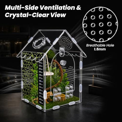 Jumping Spider Enclosure Kit, 5x5x8 Acrylic Terrarium Starter Set | Front-opening design Vertical habitat layout,Transparent viewing panels for desks, shelves and pet rooms