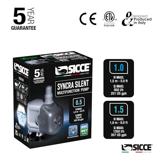 SICCE Syncra Silent 1.0 Multifunction 251 GPH Submersible Water Pump | Italian Made 16W Ultra Quiet Durable Aquarium Fish Tank, Fountain, Pond, Hydroponics, Terrarium Black | Freshwater & Saltwater - size: Syncra Silent 1.0