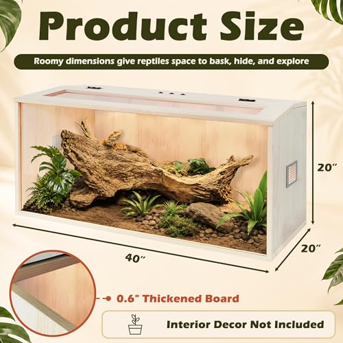 Bearded Dragon Tank,Wooden Reptile Tank and Lizard Tank,Tempered Glass Large Bearded Dragon Enclosure with Built-in Lamp Fixture (40X20X20inch,65 Gallons) - color: Wooden Roof, size: 40X20X20inch,65 Gallons