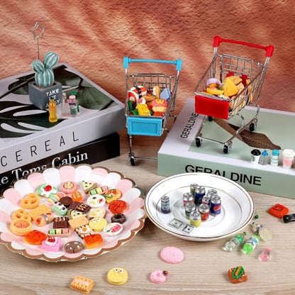 134pcs Mini Shopping Cart Basket Miniature Food Drink Bottle Supermarket Metal Handcart Toys Doll House Store Cosplay Game Dollhouse Grocery Fruit Cake Bread Party Trolley Model Dollar Bills - style: Shopping Cart