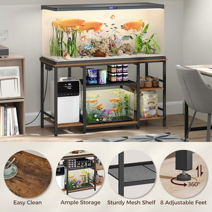 MAHANCRIS 55-75 Gallon Fish Tank Stand with Power Outlet, 3-Tier Metal Frame Aquarium Stand, Heavy Duty Reptile Terrarium Tank Stand, 52.0"L x 19.7"W x 29.9"H, 800 LBS Capacity, Rustic Brown FTHR55E01 - color: Rustic Brown