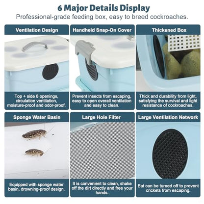 Cricket Keeper,Dubia Roach Container,with Temperature and Humidity Detector,Live Crickets Keeper for Reptiles,Insect Habitat for Crickets,Dubia Roach,with Water Dish, Feeding Tray,Cleaning Brush (A)