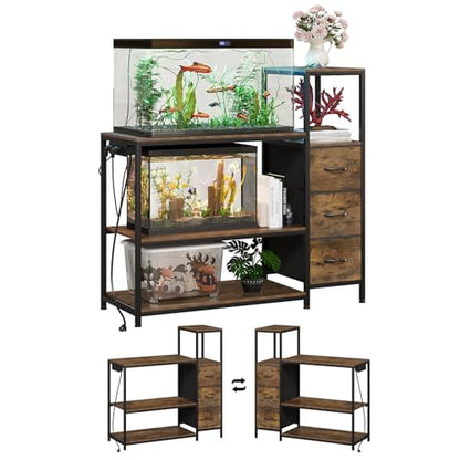 20 Gallon Aquarium Stand with Drawers & Power Outlet, Brown | Fits 20 Gallon Tanks; Reptile Tank Stand; 3-Tier Storage Shelves; Adjustable Height; Heavy-Duty Metal Frame - color: Brown