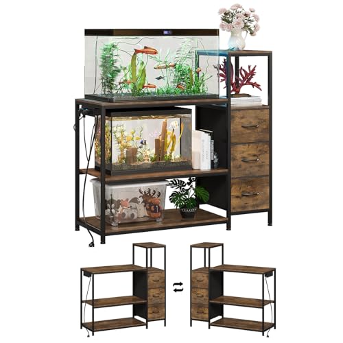 20 Gallon Aquarium Stand with Drawers & Power Outlet, Brown | Fits 20 Gallon Tanks; Reptile Tank Stand; 3-Tier Storage Shelves; Adjustable Height; Heavy-Duty Metal Frame - color: Brown