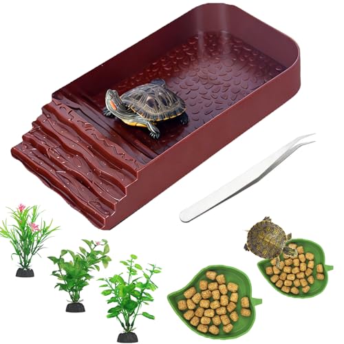 7 PCS Reptile Water Dish Bathing Pool Tortoise Habitat Accessories | plastic,water proof,multi-function,with climbing ramp food dishes reptile plants tweezer,for turtle gecko snake frog - color: Brown