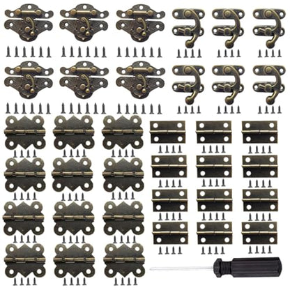 EAEDMY 36 Sets Retro Jewelry Box Hinges and Latches Hardware, Small Bronze Brass Latch Hinges for Wooden Jewelry Box and Decorative Cabinet, with Matching Screws Kit(Catch*12 + Hinges*24) (36)