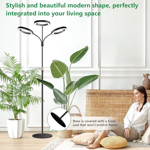 Aumtrly 3 Head Black Floor Grow Light for Large Tall Indoor Plants Growing | 252 LED Full Spectrum Lamp with Stand, 6/12/16H Timer, 5 Dimming Level, 68" Adjustable Height, Flexible Gooseneck, Metal Base - size: 3 head 68inch/black