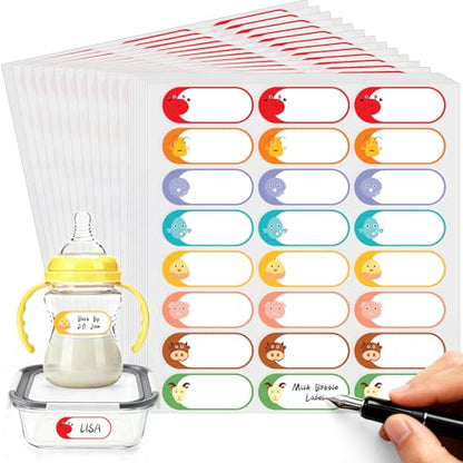 1 x 2.5 Inch Baby Bottle Labels, 22 Sheets, 528 PCS | Writable Animal Name Stickers, Resist Water , Freezer Conditions, Remove Cleanly from Reusable Bottles and Containers