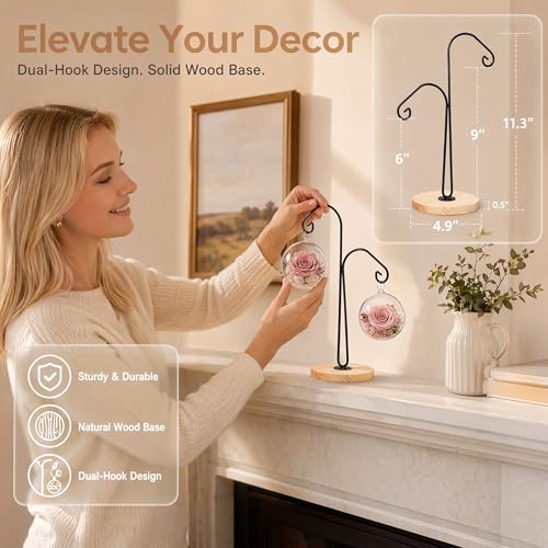 WRINGKIT 4 Pack Ornament Display Hanger Stand, Wood Base, Double Hook-Style | Sturdy Ornament Holder, Metal Air Plant Flower Pot Hanging Terrarium Stand for Christmas Halloween Decoration, Glass Globe