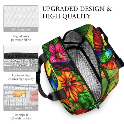 Stained Glass Hummingbird Lunch Bag for Women Men | Insulated Lunch Box Leakproof Food Meal Containers Reusable Foldable 6L Capacity Lunch Tote Bags for Work Picnic Travel - color: style-12