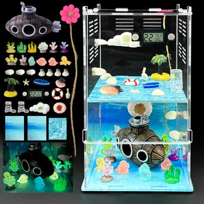 Jumping Spider Enclosure,DIY Insects Habitat,Small Reptile Terrarium Glass House Accessories Set,with Temperature and Humidity Detector Water Feeder Platform Hide,5.5“x5.5”x9.5“ (Ocean) - color: Ocean