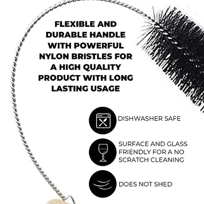 10" Extra Long Tube Brush Set - Large 5 Pack - Black | Flexible nylon straw brushes for bottles, cleaning straws, pipe cleaners, glass, keyboard, detailing and deep cleaning - color: Black, size: Large 5 Pack (8mm 12mm 16mm 20mm 24 mm)