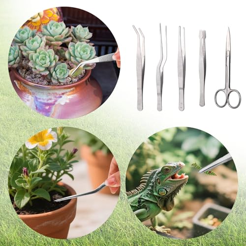 5pcs Plant Tweezers and Scissors, Long Stainless Steel Garden Bend Tongs Set with Straight Curved Flat Point Tip Multiple-Use Gardening Tools for Bonsai Reptile Feeding Kitchen Use - style: B