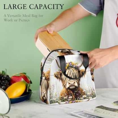 Rustic Highland Cow Flower Lunch Bag for Women Men | Insulated Lunch Box Leakproof Food Meal Containers Reusable Foldable 6L Capacity Lunch Tote Bags for Work Picnic Travel - color: Style 3