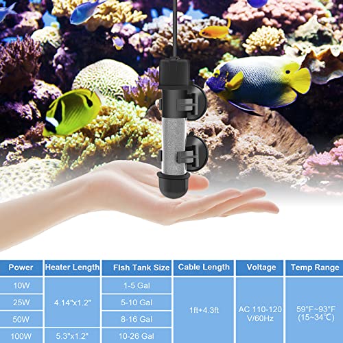 hygger Small Aquarium Betta Heater, Submersible Fish Tank Heater 10W/25W/50W/100W with LED Digital Display, Suitable for Marine Saltwater and Freshwater up to 5/10/16/26 Gallon - size: 100W