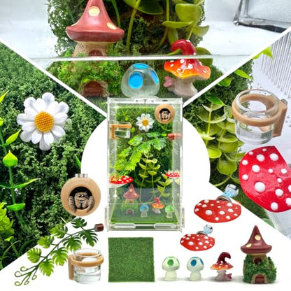 Jumping Spider Enclosure Starter Kit, Small Reptile Terrarium Accessories Set, All-in-One Reptile Tank with Magnetic Plant Holder, Hide, Water Dispenser, Decorations, 4.7"x4.7"x7.8" Fairy Tale Theme