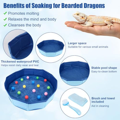 Foldable Bearded Dragon Bathtub, 50x10cm/19.69x3.94in Portable Small Pet Water Tub with Soft Brush and Towel for Bearded Dragons Turtle Hedgehogs Hamsters (Blue)