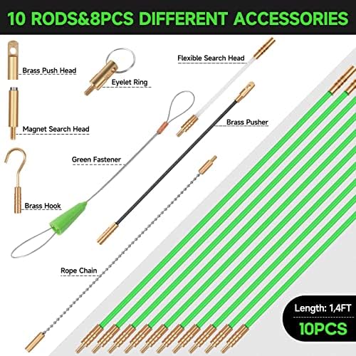 FTIHTRY 14FT Fiberglass Running Electrical Wire Glow Rods Wire Pulling with 8 Different Attachments, Fish Rods Electrical Kit and Fish Tape Wire Puller - style: 14FT