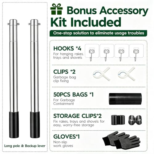 Long Handle Dog Pooper Scooper with Extension & Spare Poles, Stainless Steel Rustproof for Large Medium Dogs Yard Lawn | Ergonomic height adjustment, Four optional configurations, fits various grounds, easy to clean, free gloves & hook - size: Large 2‑Pc