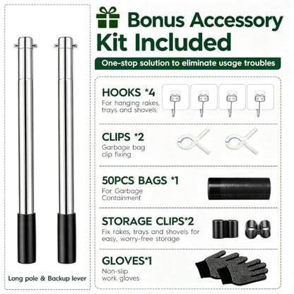 Long Handle Dog Pooper Scooper with Extension & Spare Poles, Stainless Steel Rustproof for Large Medium Dogs Yard Lawn | Ergonomic height adjustment, Four optional configurations, fits various grounds, easy to clean, free gloves & hook - size: Large 2‑Pc