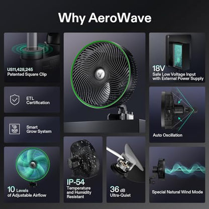VIVOSUN AeroWave E9 Grow Tent Fan, 9" Auto Oscillating Clip Fan with EC Motor, US Patented Circulation Fan, IP54 Weatherproof, Strong Airflow & Quiet for Hydroponic Ventilation (Pack of 2) - size: 9" Clip Fan-2 Pack