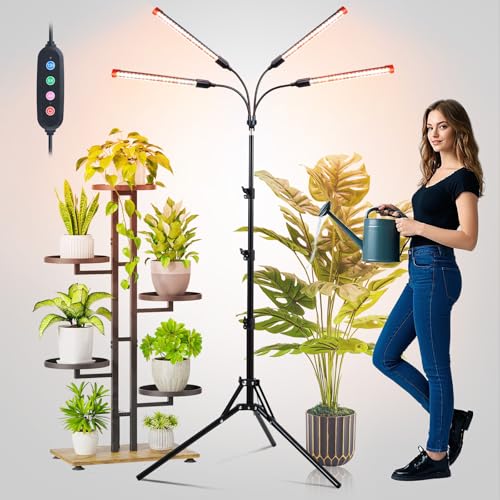 FECiDA Gamechanger! 36 Watt Power Draw, NO Need Adapter, 4Head Grow Light with Tripod Stand, 2026 Big Coverage LED Grow Lights for Indoor Tall Plants, Bonsai Tree, 4/8/12/16/20H Timer - size: Stand-4Head-36W