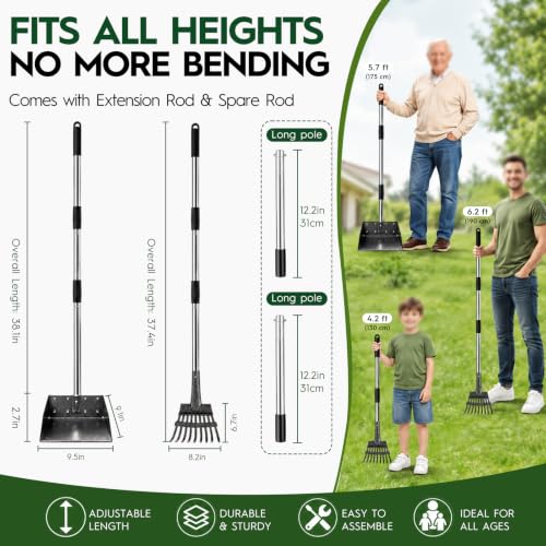Long Handle Dog Pooper Scooper with Extension & Spare Poles, Stainless Steel Rustproof for Large Medium Dogs Yard Lawn | Ergonomic height adjustment, Four optional configurations, fits various grounds, easy to clean, free gloves & hook - size: Large 2‑Pc