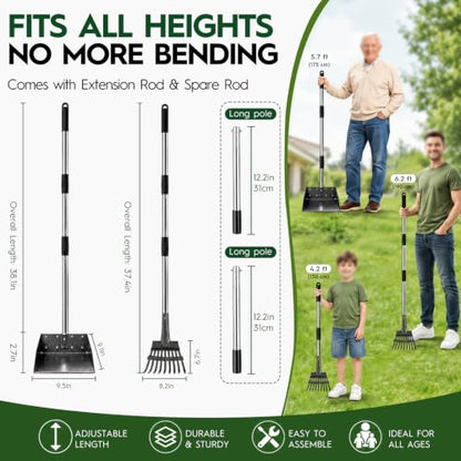 Long Handle Dog Pooper Scooper with Extension & Spare Poles, Stainless Steel Rustproof for Large Medium Dogs Yard Lawn | Ergonomic height adjustment, Four optional configurations, fits various grounds, easy to clean, free gloves & hook - size: Large 2‑Pc