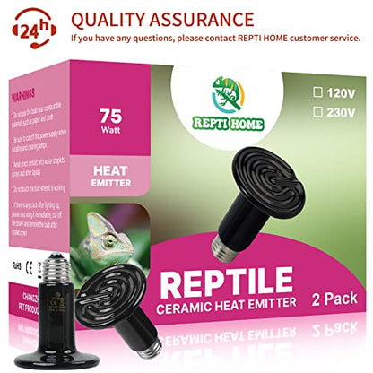 75W Ceramic Heat Emitter (2 Pack), Reptile Heat Lamp Bulbs, Ceramic Heater for Amphibian, Pet Brooder Coop, Chicken, Dog - size: 75*2
