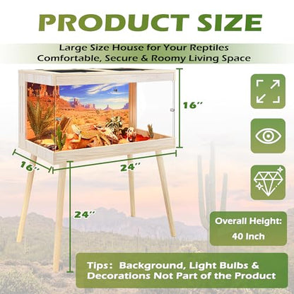 ROYXEN Bearded Dragon Tank with Leg Stand,24 Gallon Tempered Glass Reptile Tank with Metal Mesh Top, 3-Side Clear Anti-Scratch Glass Lizard Tank,Snake Tank for Reptile Habitat (Oak,24" Length) - color: Oak, size: 30Gal,24x16x16inch