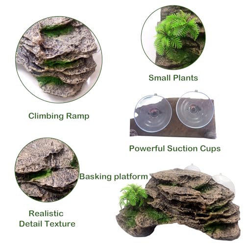 kathson Turtle Basking Platform with Suction Cup,Turtle Ramp Climbing Basking Platform Artificial Plants Decor Resting Basking Terrace Aquarium Ornament Rock for Frogs Lizards Bearded Dragon - style: Slope