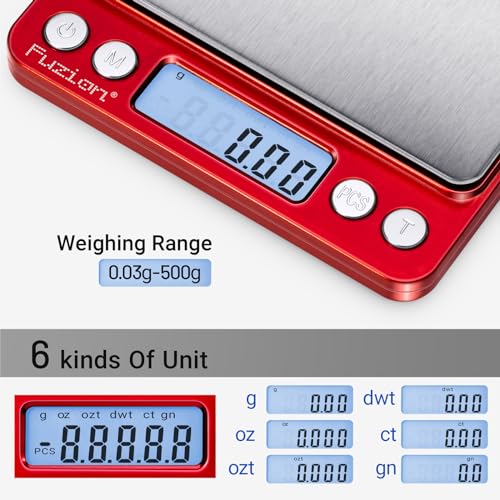 Fuzion Digital Scale .01 Gram Accuracy, 500g Small Kitchen Food Scales | 2 Trays Included for Jewelry, Gold, Herb, Powder, Spice, Coffee, Coin - Weight Gram and Oz - color: Red