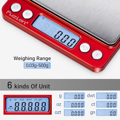 Fuzion Digital Scale .01 Gram Accuracy, 500g Small Kitchen Food Scales | 2 Trays Included for Jewelry, Gold, Herb, Powder, Spice, Coffee, Coin - Weight Gram and Oz - color: Red