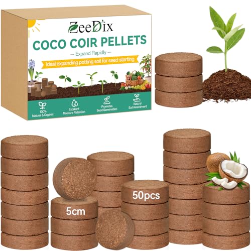 Coco Coir Pellets, 50 Pcs 50mm Seed Starter Soil Pods for Planting | Low EC & pH Balanced, Organic Coconut Coir Potting Soil for Indoor Outdoor Plants Herbs Houseplants Bonsai Vegetables Flowers - size: 50mm