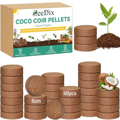 Coco Coir Pellets, 50 Pcs 50mm Seed Starter Soil Pods for Planting | Low EC & pH Balanced, Organic Coconut Coir Potting Soil for Indoor Outdoor Plants Herbs Houseplants Bonsai Vegetables Flowers - size: 50mm