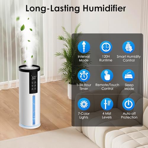 Home Humidifier for Large Room, 2.11Gal Cool Mist Top Fill,120H | Bedroom Humidifier with Humidistat,4 Mist Level,up to 500 ft² Coverage,35dB Quiet Humidifier for Commercial,Office,Baby,Plant