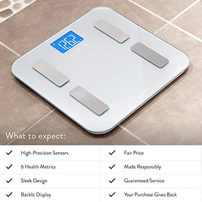 Greater Goods Body Fat Scale, Accurate Digital Weight and Health Metrics, Body Composition, and Weight Measurements, Glass Top, with Large Backlit Display (Silver) - style: BMI, Silver