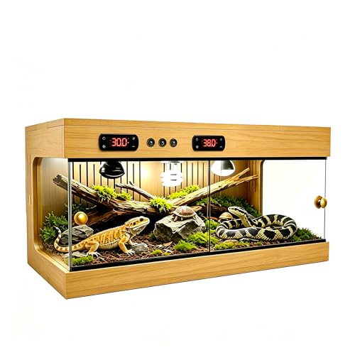 Reptile Terrarium for Lizard Tortoise Snake – Dual Thermostat Reptile Enclosure Stackable Wooden UV Coated with Ceramic Lamp Holder, Waterproof Easy Clean 3-Side Ventilation Anti-Escape (40x20x20 in) - size: 40x20x20 in