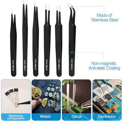 YHYZ 9PCS Precision Tweezers Set, Upgraded Anti-Static Stainless Steel Precise Tweezers (Fine, Curved, Flat), Perfect for Craft, Electronic, Soldering, Model, Hobby, Jewelry Making, Laboratory - style: 9pcs with case, V2