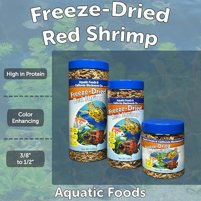 Red Shrimp, Freeze Dried 3/8" to 1/2" Floating Red River Shrimp for Cichlids, All Tropical Fish, Koi & Pond Fish, Aquatic Turtles, Reptiles, Rodents 1oz Canister