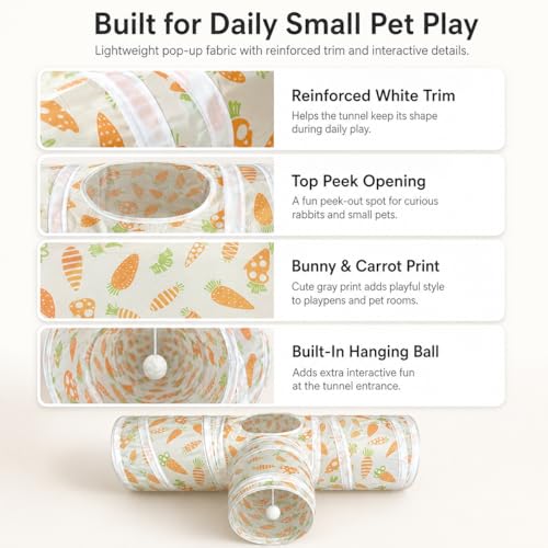 Rabbit Tunnel Toy, Collapsible 3-Way Hideout Tunnel with Chew Toys for Rabbits, Guinea Pigs, Ferrets, Kittens & Small Pets - Orange & White Carrot Design (33"x20"x9.5") - color: Orange