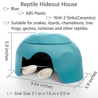 Reptile Hideout Cave Box with 2 Ceramic Sinks Fit for Snakes Lizards Chameleons Tree Frogs Geckos Small Tortoises and Other Small Reptiles (Blue) - color: Blue