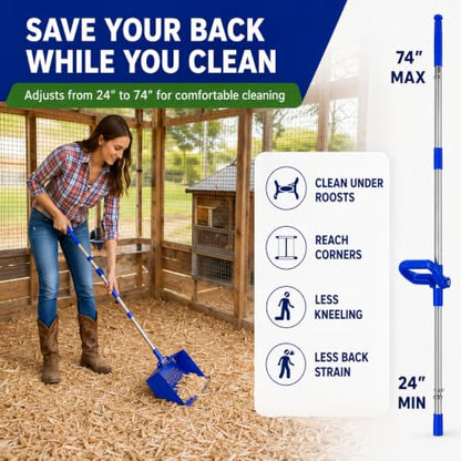 Chicken Poop Scooper with 74" Adjustable Handle – Heavy Duty Metal Chicken Coop Cleaner, 10.2" Wide Sifting Scoop with Built-in Rake & Hook for Sand, Pine Shavings & Manure