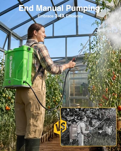 Taskstar Battery Powered Backpack Sprayer 4.2 Gallon for Lawn & Yard | 2X2000mAh Batteries, 0-100 PSI Adjustable Pressure, 32 Inch Telescopic Wand, 6 Nozzles for Garden, Farm & Tree - color: Green