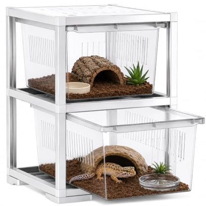 2-Tier Stackable Reptile Enclosure, Aluminum Frame Reptile Cage with Sliding Drawer Doors, Escape Proof Lock & Ventilation, Breeding Tank for Gecko Lizard Snake Juvenile Habitat, 13x15.5x18 Inches