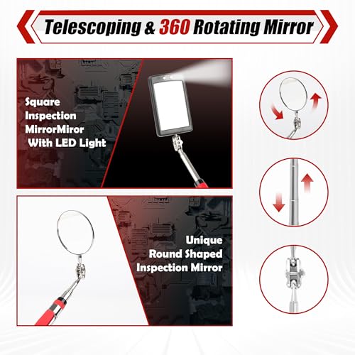 TOOLEAGUE 7Pcs Telescoping Magnetic Pickup Tool Set | Extendable LED Flashlight,Round & Square 360° Inspection Mirror for Men Mechanics, and Handymen, Red