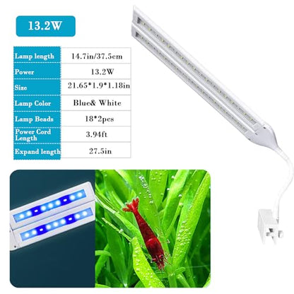 LED Aquarium Light Full Spectrum Clip Fish Tank Light Plants Light 360° Adjustable 2 Light Bar Super-Bright 13.2W Suitable for 20-75 Gal Fish Tank - size: 13.2W For 20-50 Gal Fish Tank