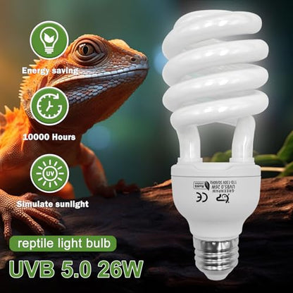 UVB Reptile Light, 5.0 26W UVA UVB Light for Reptiles, Spiral Compact Fluorescent UVB Bulb for Chameleons Tortoise Iguanas and Snakes - size: 6.5 in 5.0