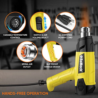 1500W Heavy Duty Heat Gun, Variable Temperature Control Hot Air Gun Kit with 2 Air Flow 120°F~1200°F and 4 Nozzles for Crafts Shrink Wrap (Yellow) - color: Yellow